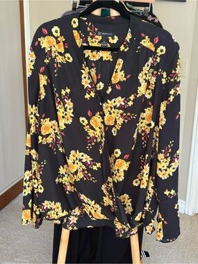 INC International Concepts Black Fall Floral Long Sleeve Wrap Blouse 3X